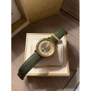 Versace V-Circle Manifesto Gold Dial Black Leather Strap Watch for Men - VBQ030017