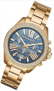 Michael Kors Wren Diamonds Blue Dial Gold Steel Strap Watch for Women - MK6291