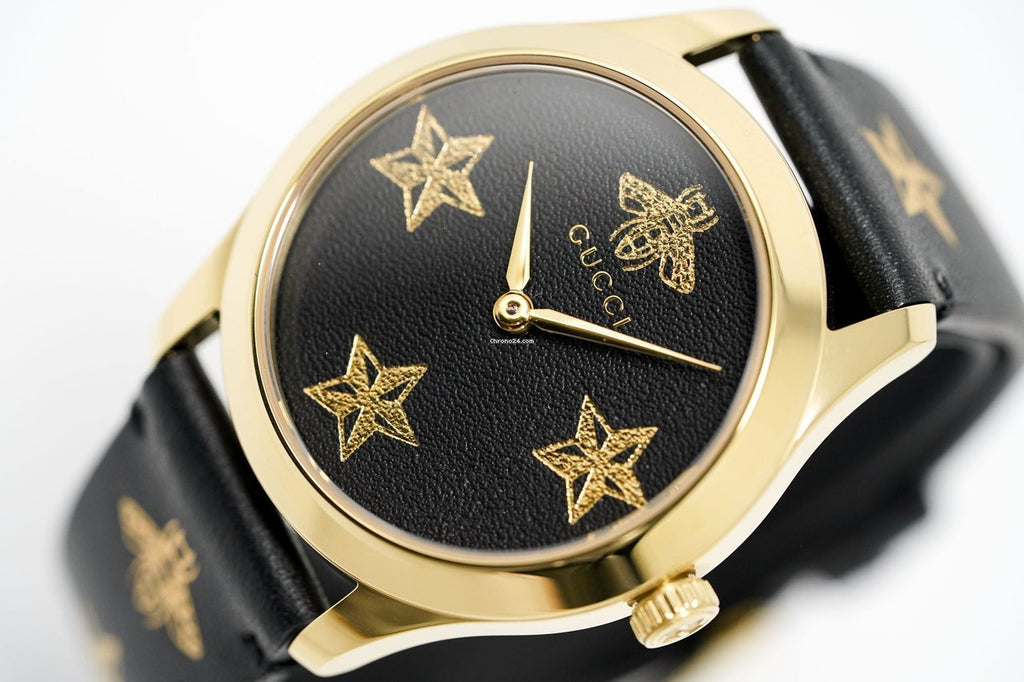 Gucci G Timeless Bee Motif Black Dial Black Leather Strap Watch