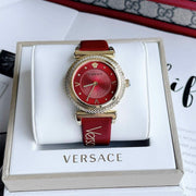 Versace V-Motif Red Dial Red Leather Strap Watch for Women - VERE00418
