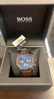 Hugo Boss Grand Prix Chronograph Blue Dial Brown Leather Strap Watch for Men - 1513604