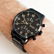 Hugo Boss Aeroliner Chronograph Black Dial Black Steel Strap Watch for Men - 1513275