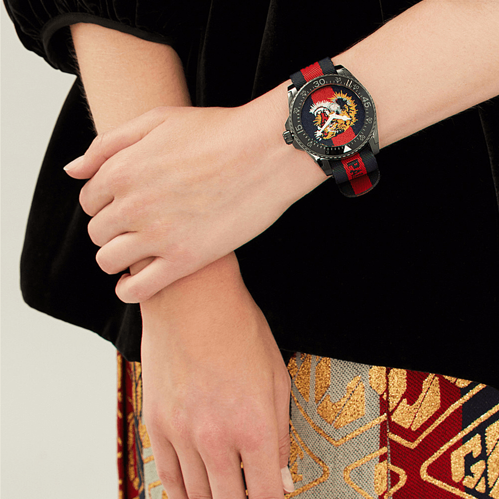 Gucci Dive Tiger Blue and Red Dial Blue Red Blue Nylon Strap Watch Gucci Dive Tiger Blue and Red Dial Blue Red Blue Nylon Strap Watch
