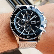 Hugo Boss Admiral Chronograph Black Dial Silver Mesh Bracelet Watch for Men - 1513904