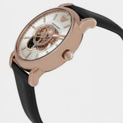 Emporio Armani Luigi Automatic Skeleton Silver Dial Black Leather Strap Watch For Men - AR60013