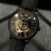 Emporio Armani Luigi Automatic Skeleton Black Dial Black Leather Strap Watch For Men - AR60012