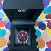 Hugo Boss Trace Chronograph Red Dial Silver Steel Strap Watch For Men - 1514004