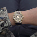 Guess Princess Crystals Gold Dial Black Silicone Strap Watch For Women - GW0439L2