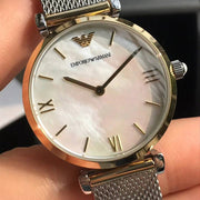 Emporio Armani Gianni T Bar Mother of Pearl Dial Silver Mesh Bracelet Watch For Women - AR2068