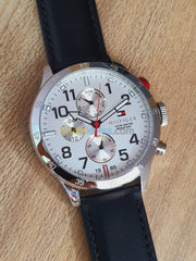Tommy Hilfiger Trent Multifunction White Dial Black Leather Strap Watch for Men - 1791138