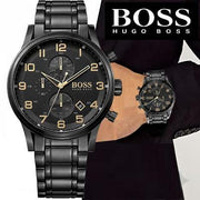 Hugo Boss Aeroliner Chronograph Black Dial Black Steel Strap Watch for Men - 1513275