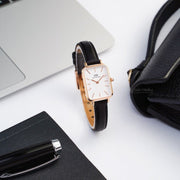 Daniel Wellington Quadro White Dial Black Leather Strap Watch For Women - DW00100434