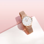 Daniel Wellington Classic Petite White Dial Rose Gold Mesh Bracelet Watch For Women - DW00100219