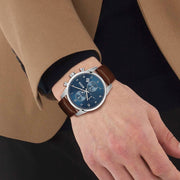 Hugo Boss Skymaster Chronograph Blue Dial Brown Leather Strap Watch for Men - 1513940