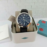 Fossil Grant Chronograph Blue Dial Black Leather Strap Watch for Men - FS4990
