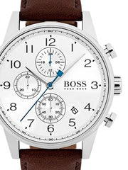 Hugo Boss Navigator Chronograph White Dial Brown Leather Strap Watch for Men - 1513495