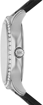 Michael Kors Sage Three-Hand Mother of Pearl White Dial Black Leather Strap Watch for Women - MK4821