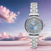 Emporio Armani Gianni T-Bar Quartz Blue Dial Silver Steel Strap Watch For Women - AR11594