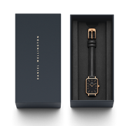 Daniel Wellington Quadro Black Dial Black Leather Strap Watch For Women  - DW00100449
