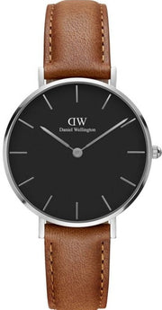 Daniel Wellington Petite Sterling Black Dial Brown Leather Strap Watch For Women - DW00100178
