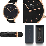 Daniel Wellington Classic Petite Sheffield Black Dial Black Leather Strap Watch For Women - DW00100224