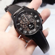 Fossil Grant Automatic Chronograph Black Dial Black Leather Strap Watch for Men - ME3028