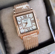 Guess Highline Off White Dial Rose Gold Stainless Steel Mesh Strap Watch For Women - W0826L3