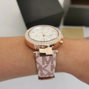 Michael Kors Parker Chronograph White Dial Pink Leather Strap Watch For Women - MK6935