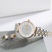 Emporio Armani Gianni T Bar White Dial Two Tone Steel Strap Watch For Women - AR80035