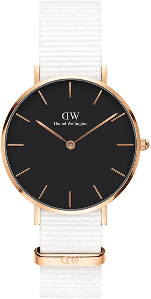 Daniel Wellington Classic Petite Dover Black Dial White NATO Strap Watch For Women - DW00100312