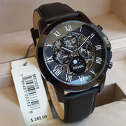 Fossil Grant Automatic Chronograph Black Dial Black Leather Strap Watch for Men - ME3028