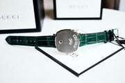 Gucci Grip Quartz Silver Dial Green Leather Strap Watch For Women - YA157404
