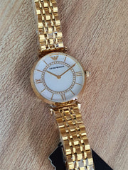Emporio Armani Gianni T Bar Mother of Pearl White Dial Gold Steel Strap Watch For Women - AR190700