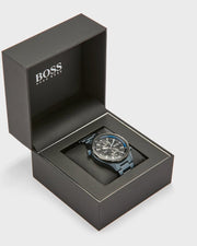 Hugo Boss Globetrotter Chronograph Black Dial Blue Steel Strap Watch for Men - 1513824
