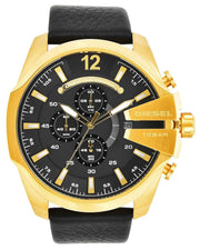 Diesel Mega Chief Chronograph Black Dial Black Leather Strap Watch For Men - DZ4344
