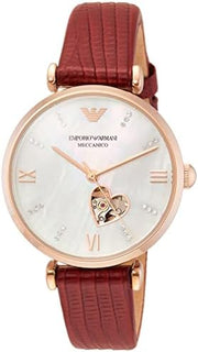 Emporio Armani Meccanico Gianni T-Bar Mother of Pearl White Dial Red Leather Strap Watch For Women - AR60048