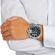Diesel Mega Chief Chronograph Blue Dial Silver Steel Strap Watch For Men - DZ4465