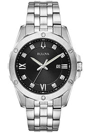 Bulova Diamond Accent Black Dial Silver Steel Strap Watch for Men - 96K106