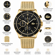 Lacoste Neoheritage Chronograph Black Dial Gold Mesh Strap Watch for Men - 2011254