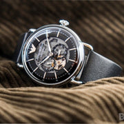 Emporio Armani Meccanico Skeleton Black Dial Black Leather Strap Watch For Men - AR60026