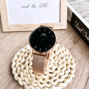 Daniel Wellington Petite Melrose Black Dial Rose Gold Mesh Strap Watch For Women - DW00100303