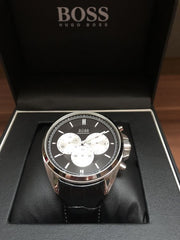 Hugo Boss Driver Chronograph Black Dial Black Leather Strap Watch for Men - 1512879
