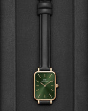 Daniel Wellington Quadro Pressed Melrose Emerald Green Dial Black Leather Strap Watch For Women - DW00100446
