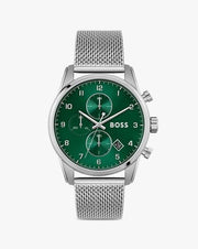 Hugo Boss Skymaster Chronograph Green Dial Silver Mesh Bracelet Watch for Men - 1513938