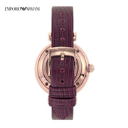 Emporio Armani Meccanico Automatic Silver Dial Red Leather Strap Watch For Women - AR60044