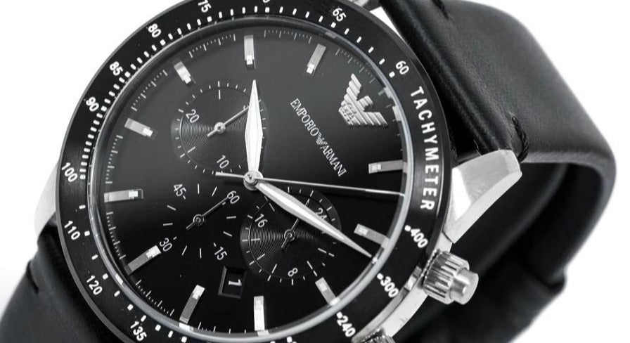 Emporio Armani Mario Chronograph Black Dial Black Leather Strap Watch For Men - AR11243