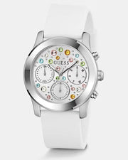 Guess Wanderlust Crystals Silver Dial White Rubber Strap Watch for Women - W1059L1