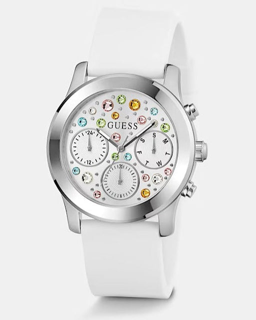 Guess Wanderlust Crystals Silver Dial White Rubber Strap Watch for Women - W1059L1