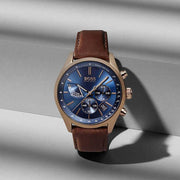 Hugo Boss Grand Prix Chronograph Blue Dial Brown Leather Strap Watch for Men - 1513604