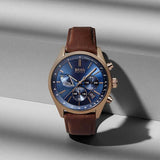 Hugo Boss Grand Prix Chronograph Blue Dial Brown Leather Strap Watch for Men - 1513604